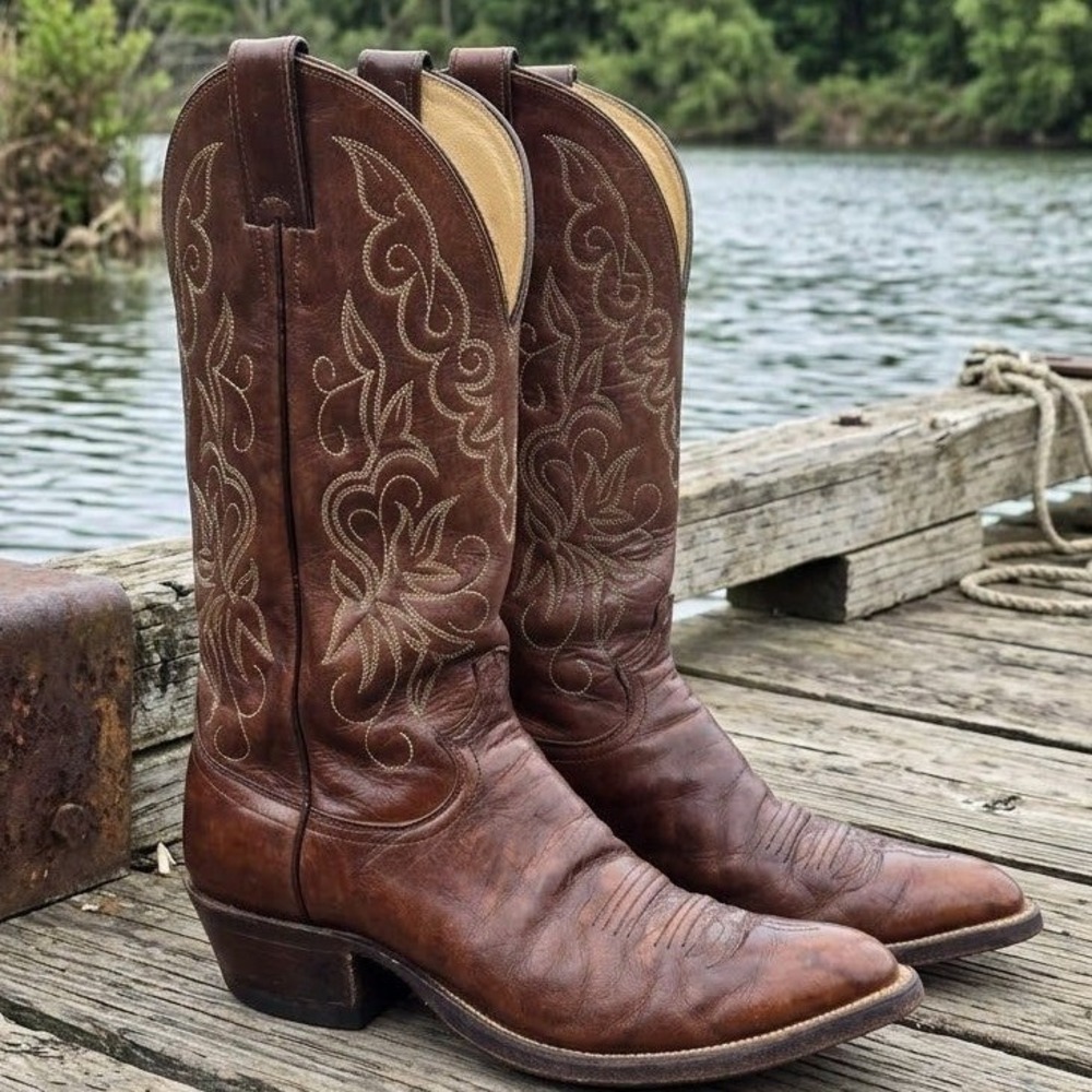 Justin 2555 Brown Leather Western Cowboy Boots Womens Size 7 A Pointed J Toe